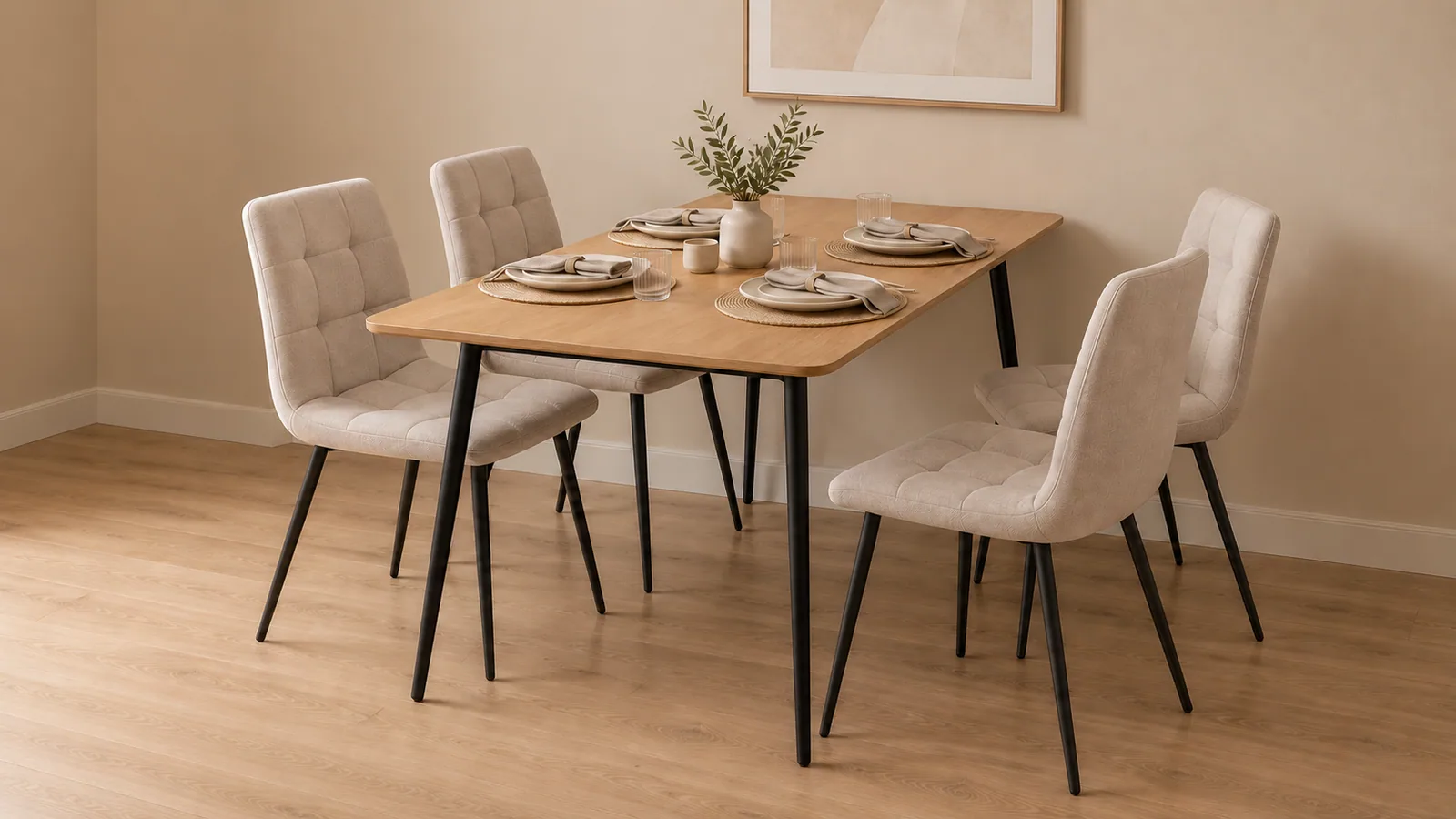Warm dining room with a wood table and four upholstered chairs