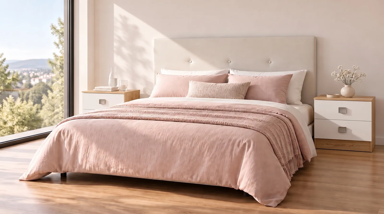 Sunlit master bedroom with a double bed and two bedside tables