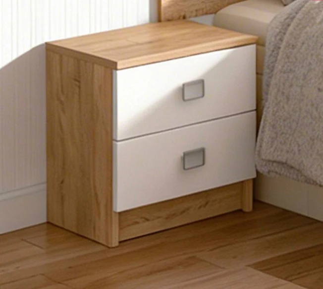 Bedside table with a wood-effect frame and two white drawers